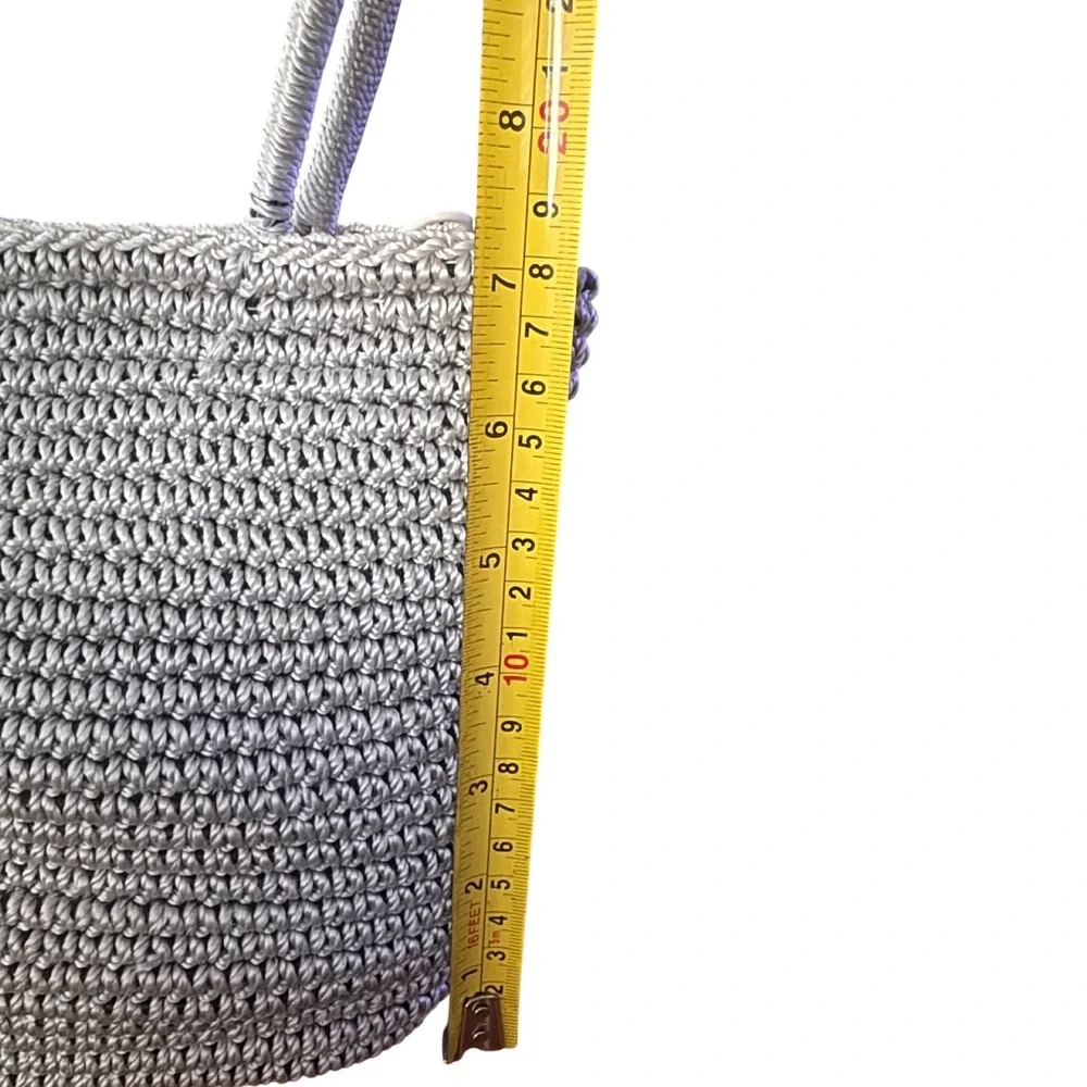 Silver Metallic Gray Crochet Shoulder Bag Floral Zip Tote Handcrafted VTG EUC